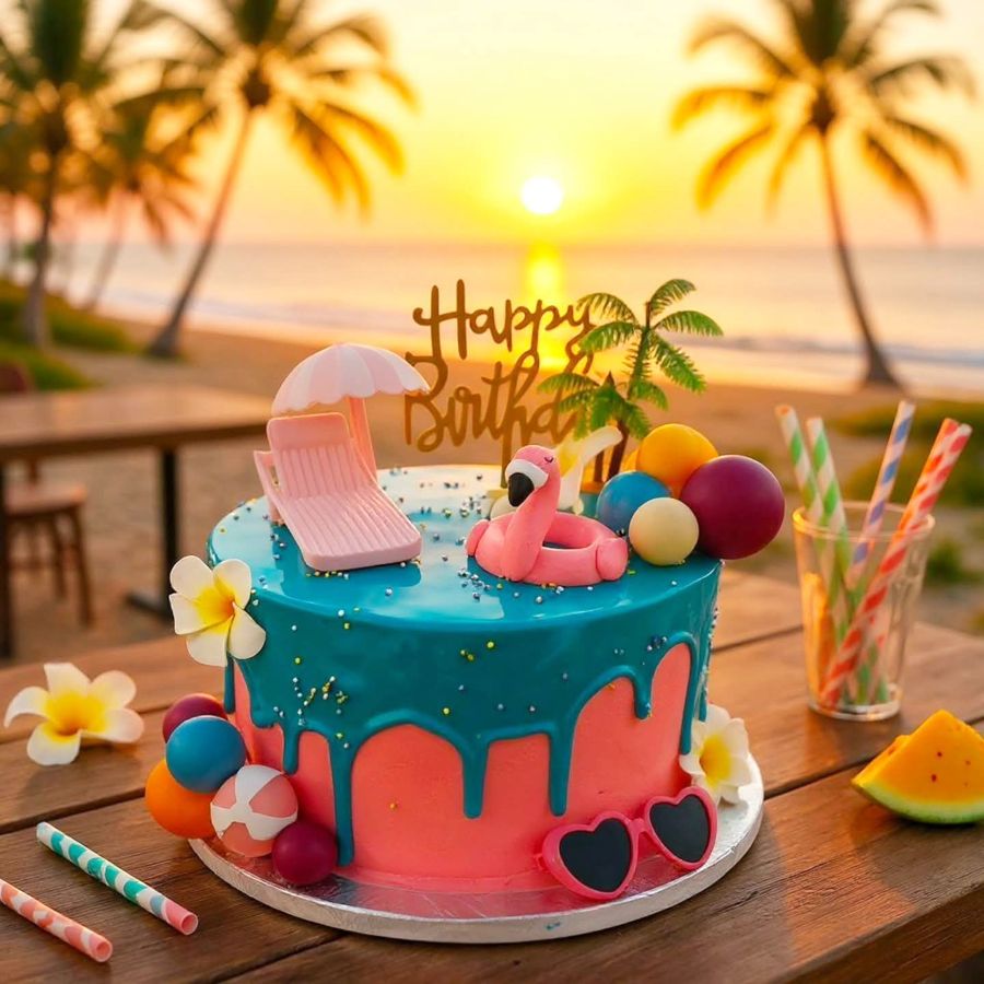 Teal drip birthday cake with flamingo float and beach chair