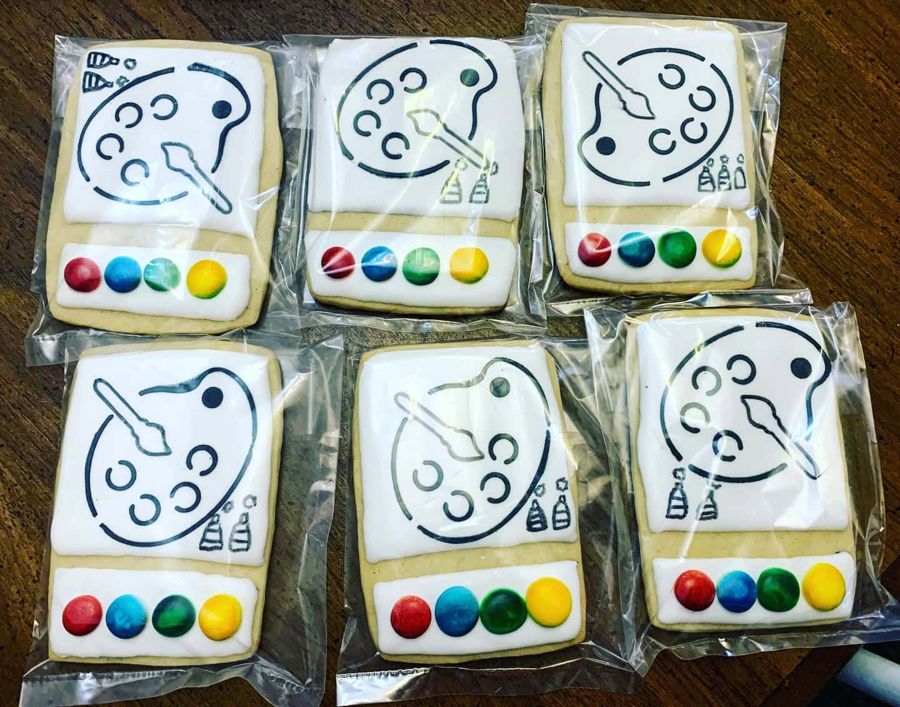 Individually wrapped paint palette sugar cookies with color dots